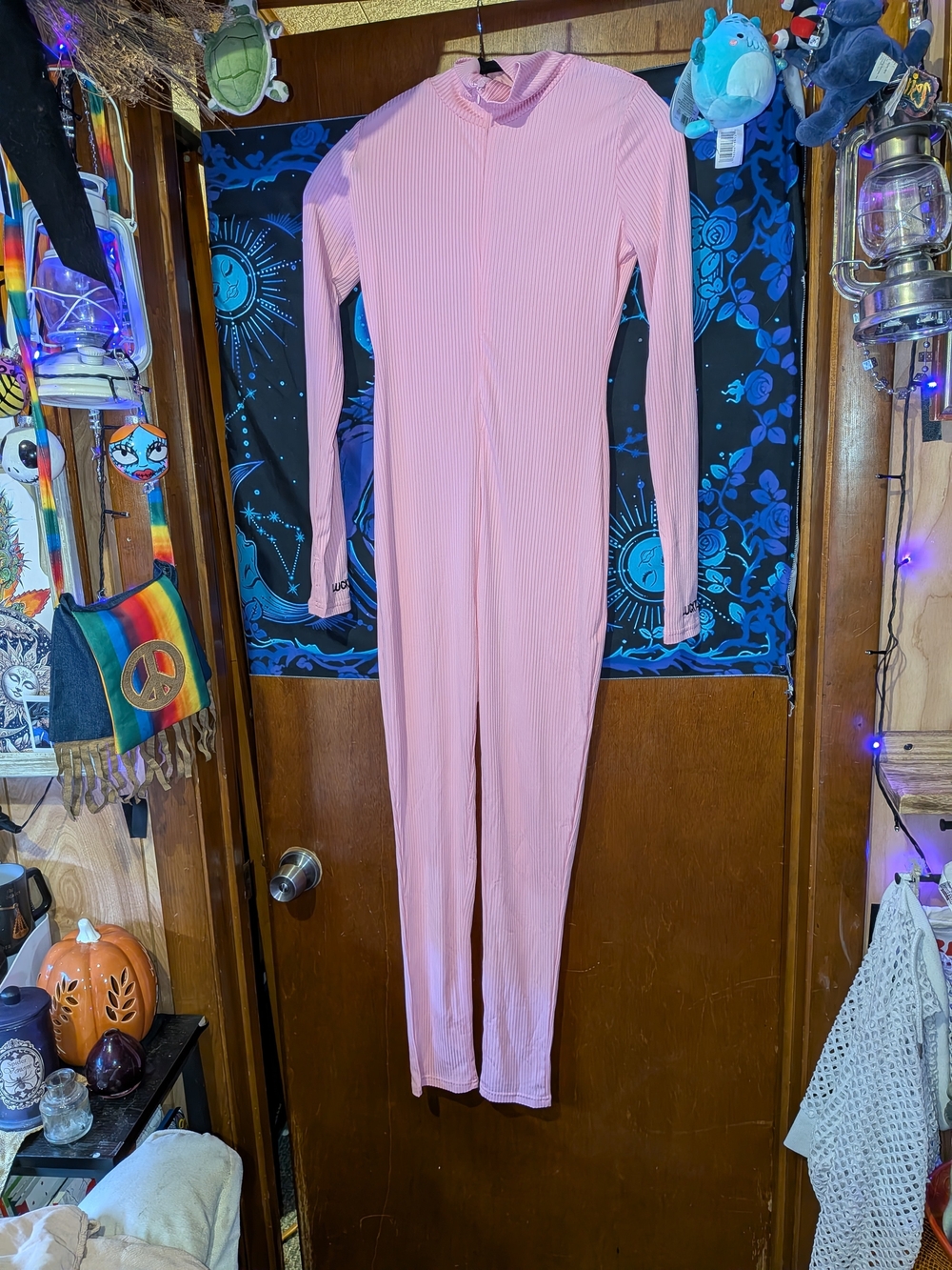 Lucky Label Ribbed Knit Mock-neck Jumpsuit